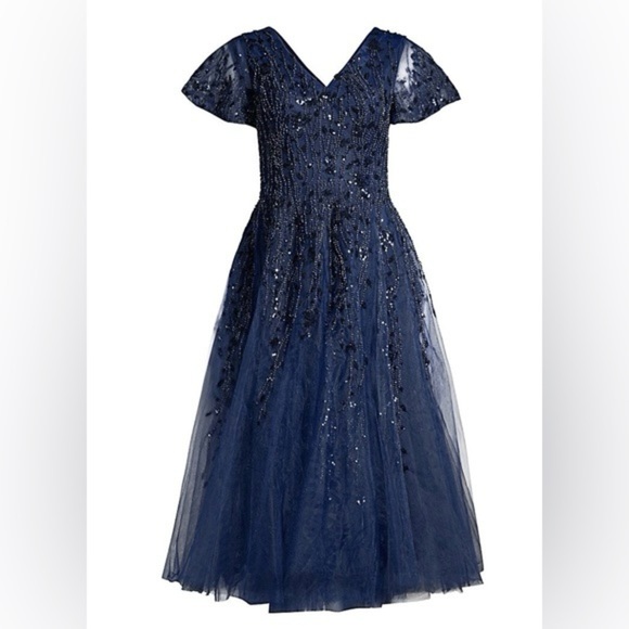Mac Duggal 20304 Embellished Flutter Sleeve Tea Length Evening Midnight Dress 16 - Picture 1 of 11